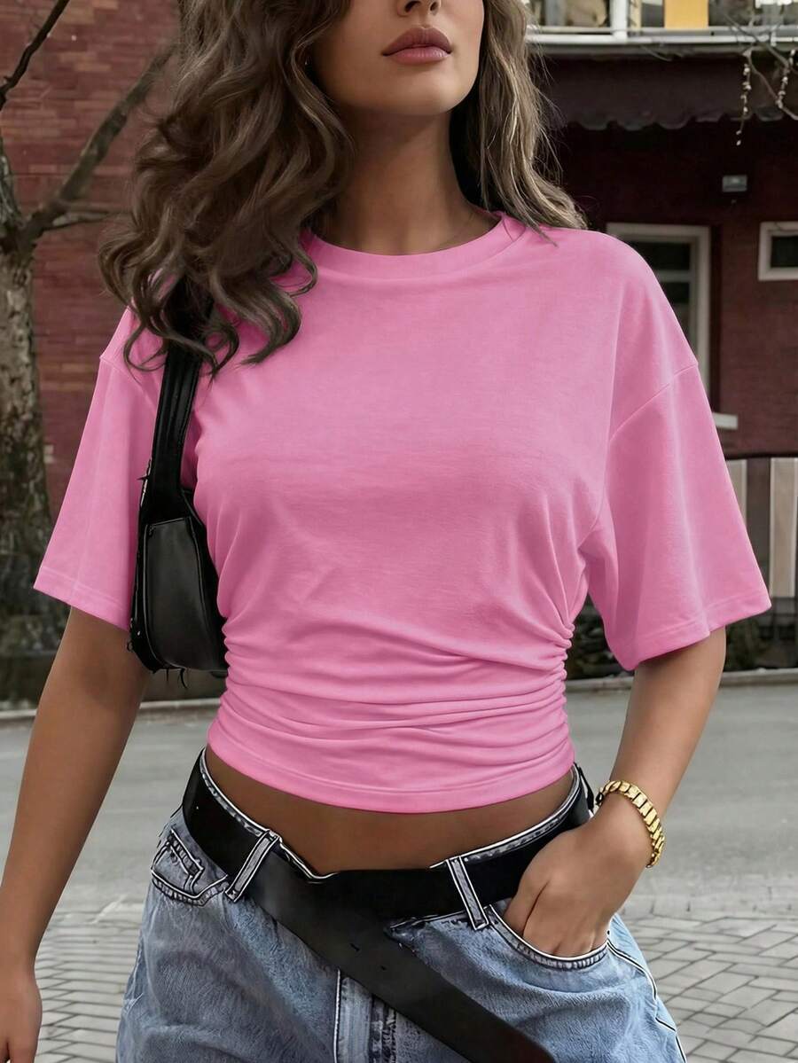 Hot Selling Cross Border Foreign Trade Amazon Summer Ruched Solid Color Round Neck Waist Cinching Slimming Women's Short Sleeve T-Shirt