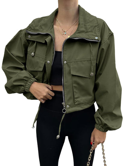 Cross-Border European And American Autum New Women's Pure Color Women's Short Jacket Zipper Windbreaker Jacket