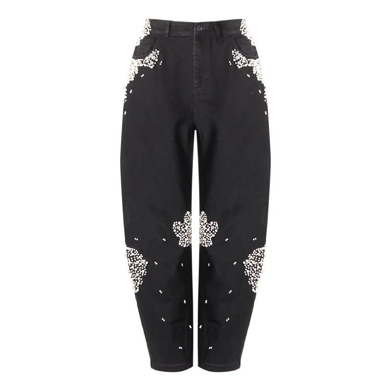Wash Pearls Beaded High Waist Carrot Jeans