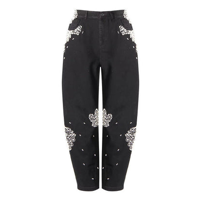 Wash Pearls Beaded High Waist Carrot Jeans