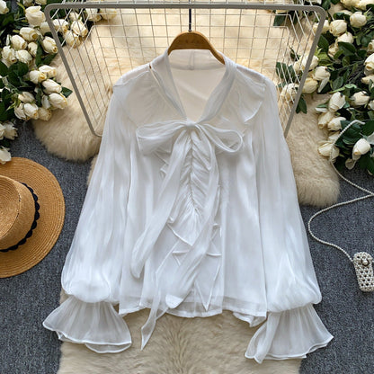 Womens Solid-Color Loose Shirt With Bow Tie Belt