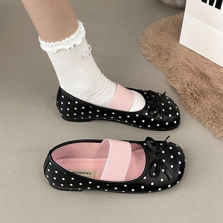 2026 Spring New Soft Sole Slip-on Ballet Flats, French Polka Dot Bow Flat Mary Jane Shoes For Women