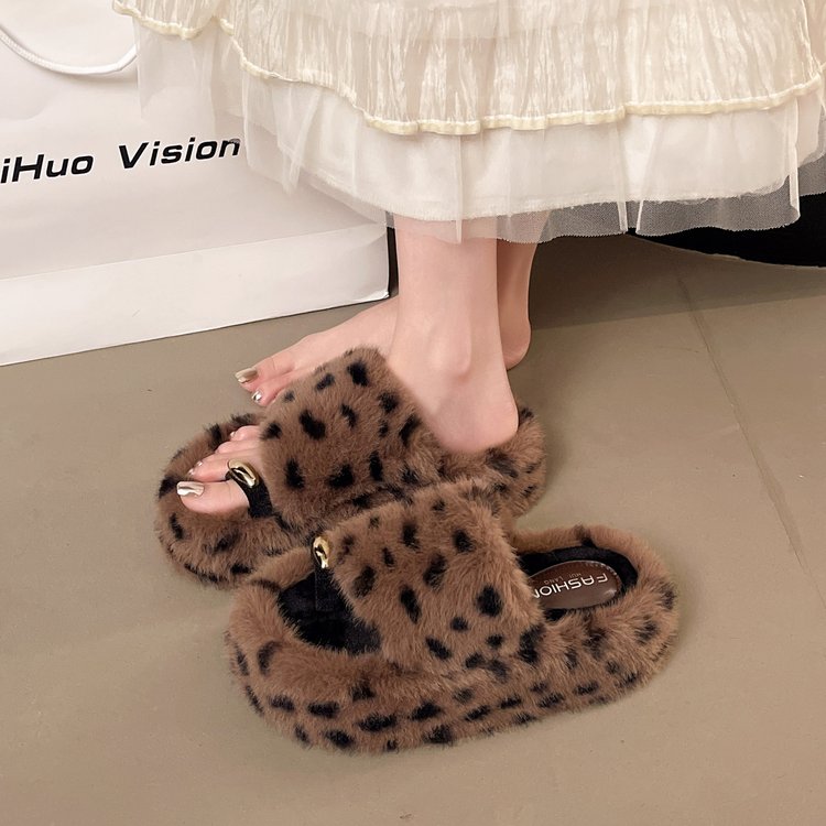 Women's Toe Post Furry Slippers, 2026 Autumn New Arrival, Stylish Leopard Print, Warm Furry Slides For Indoor & Outdoor Wear