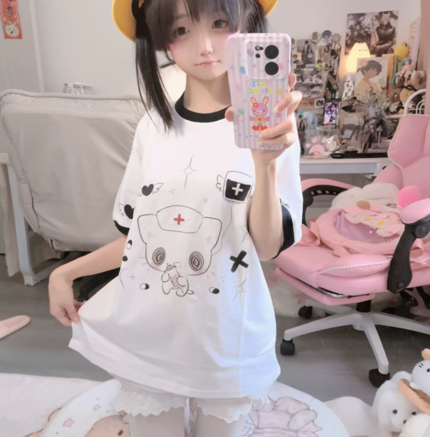 2D Kawaii Otaku-style Pure Cotton Patchwork Short-sleeve Top