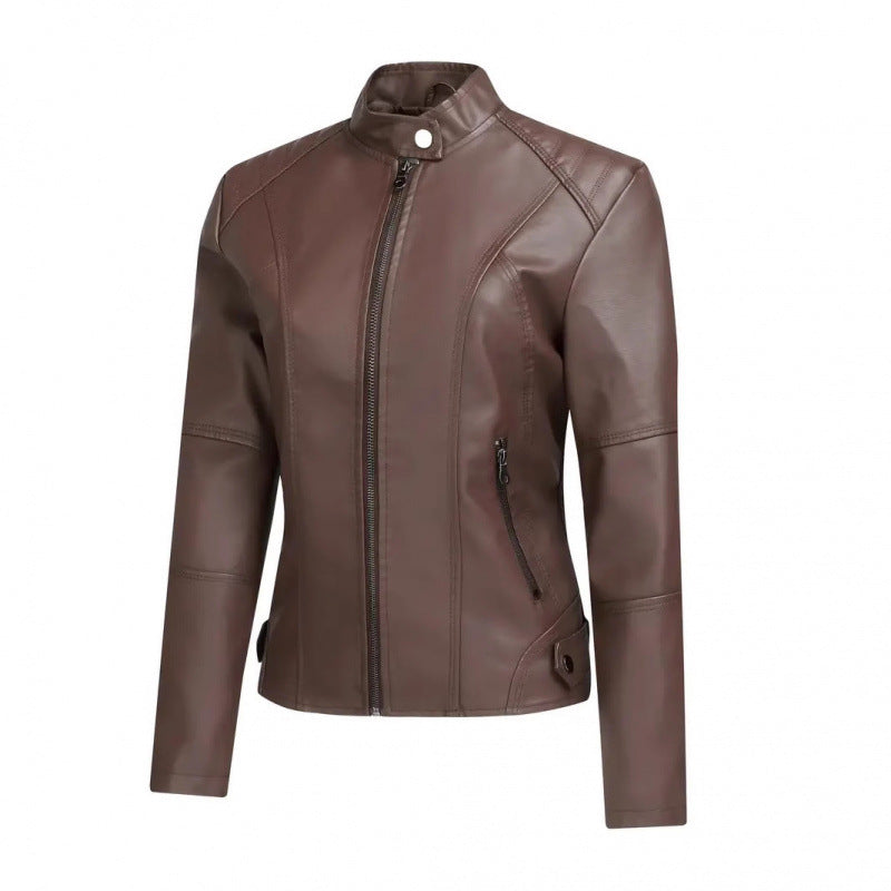 Womens Fashionable Short Washed-leather Zip-up Jacket