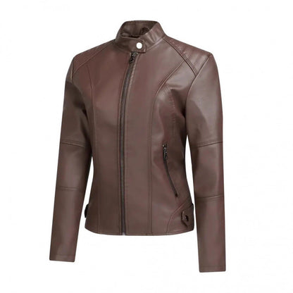 Womens Fashionable Short Washed-leather Zip-up Jacket