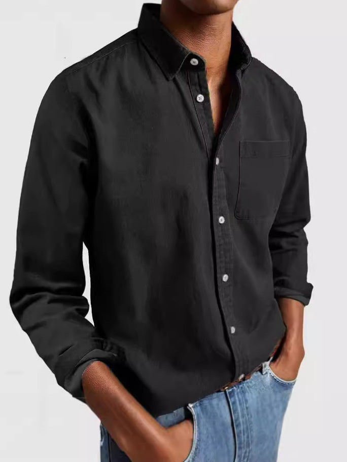 Cross-border Amazon Foreign Trade Europe And The United States Men's New Lapel Solid Color Shirt Men's Retro Long Sleeve Shirt