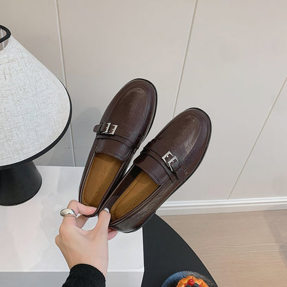 Women's Old Money Style Flat Low Heel Loafers Autumn New Arrival British Belt Buckle Vintage Deep Mouth Dress Shoes
