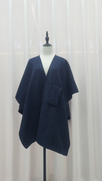 Faux Fur Collar Pom Pom Knitted Cardigan Cape - Women's Warm Winter Shawl Wrap Coat