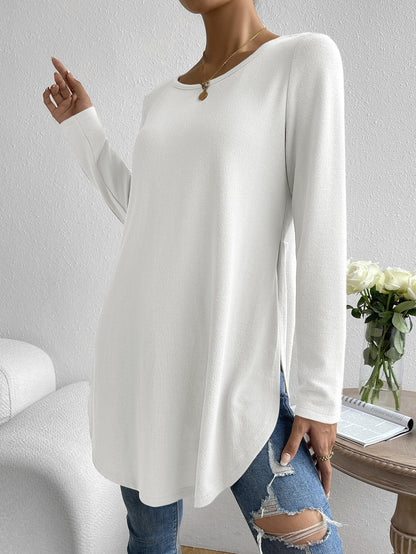 Hot-Selling Women's Autumn And Winter Casual Pure Color Round Neck Long-Sleeved T-Shirt With Slits On Both Sides