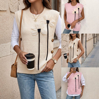 New Fallwinter Womens Knitted Patchwork Vest With A Round Neckline And Solid Color