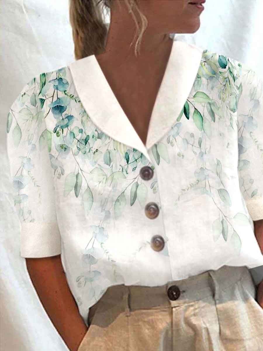 Women's Stand Collar Printed Cotton-Linen Shirt