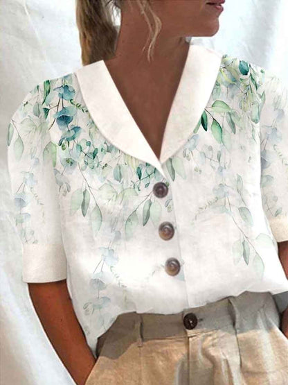 Women's Stand Collar Printed Cotton-Linen Shirt