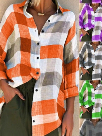 2025 New European And American Cross-Border Amazon Lapel Casual Commuting Long-Sleeved Plaid Printed Shirt