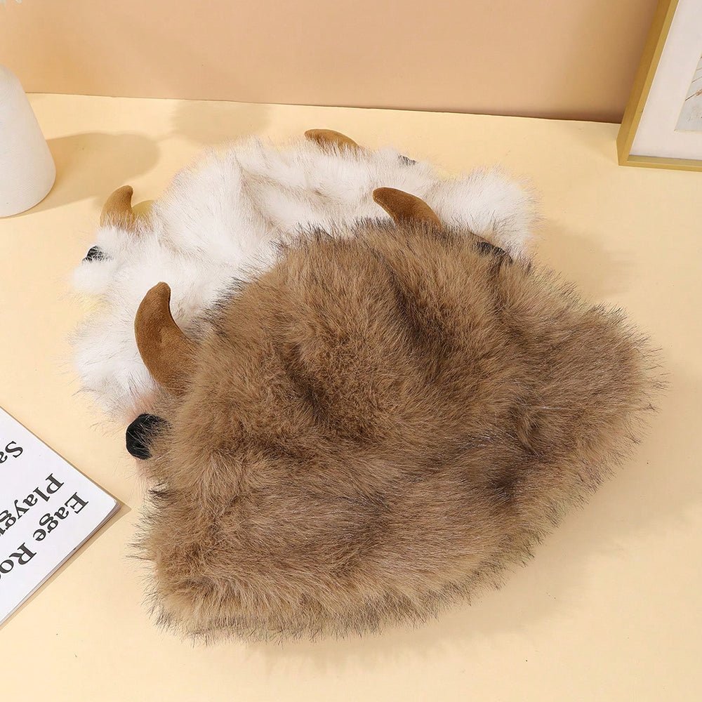 Halloween Cute Cowhorn-shaped Small-ear Plush Fisherman Hat With Stars - Versatile And Thick Outdoor Warm Fleece Hat