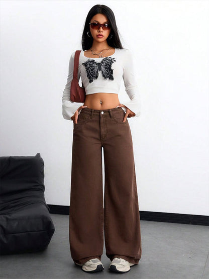 Floor-length Flared Straight-leg Denim Jeans For Women