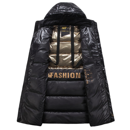 Mens Hooded Black And Gold Goose Down Jacket