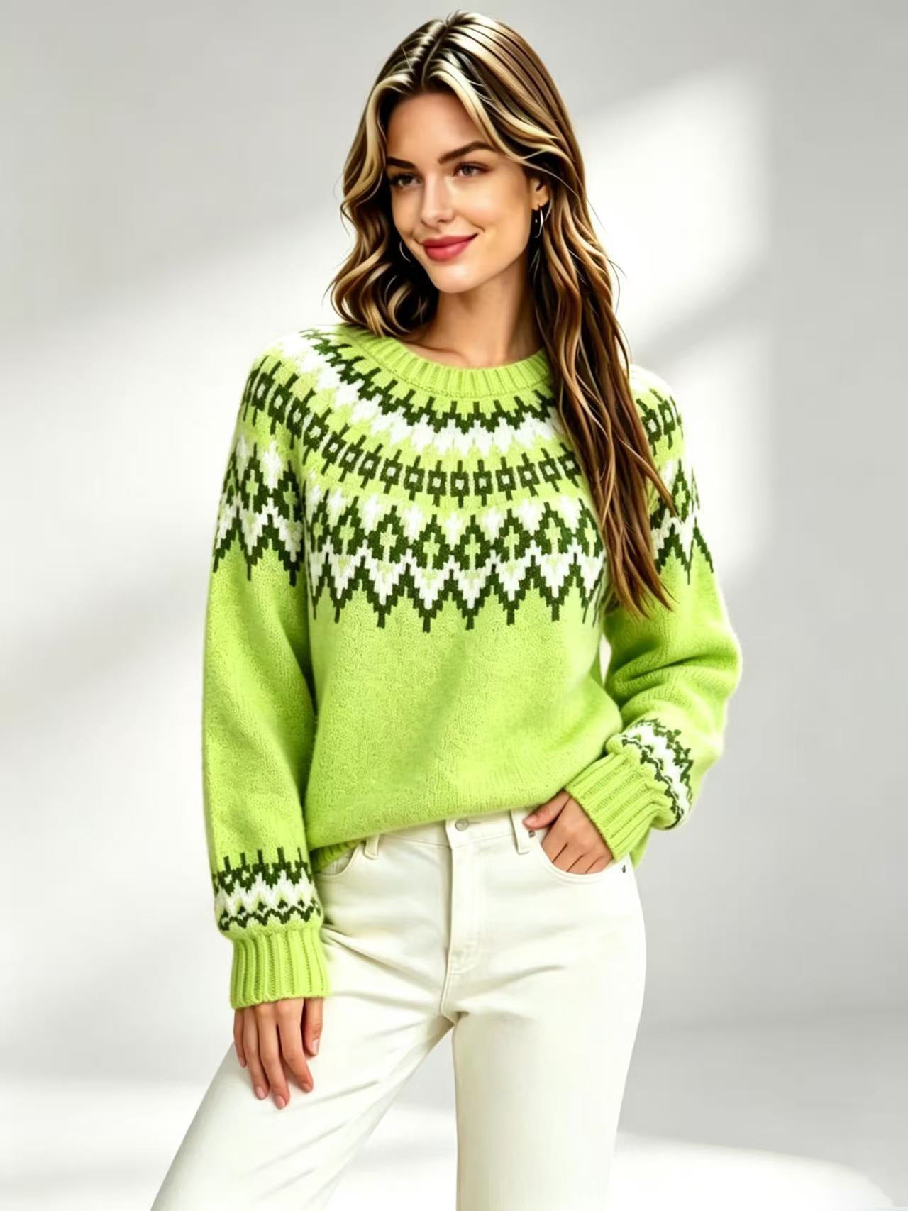 Womens Retro Fair-Isle Knit Crew-Neck Sweater