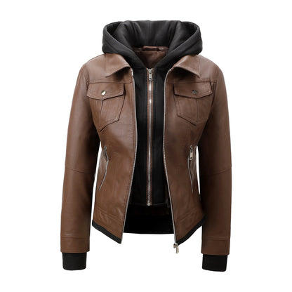 Detachable-hooded Biker Jacket Waist-cinching Faux-leather Coat That Flatters