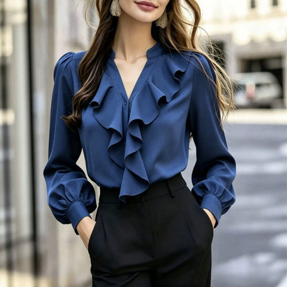 Satin Ruffled V-Neck Shirt Long-Sleeve Elegant Top