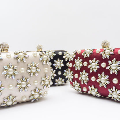 Pearl-Color Diamond Flower Evening Bag For Formal Wear