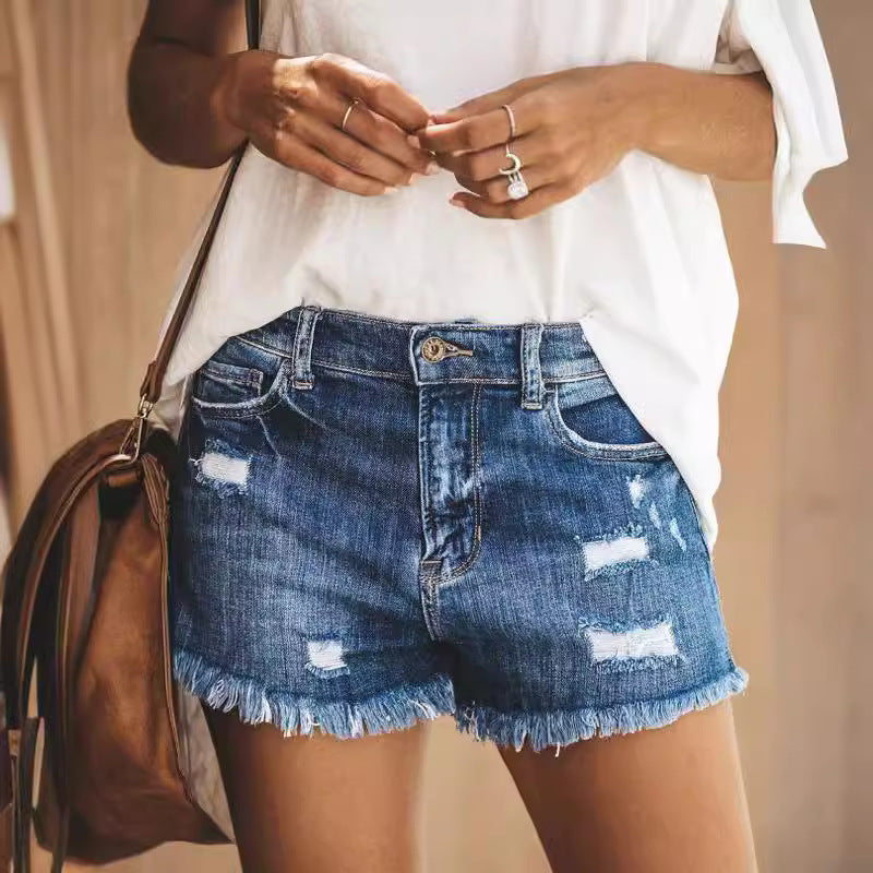 Womens Fashionable Ripped Fringed Denim Shorts