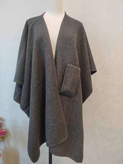 Faux Fur Collar Pom Pom Knitted Cardigan Cape - Women's Warm Winter Shawl Wrap Coat