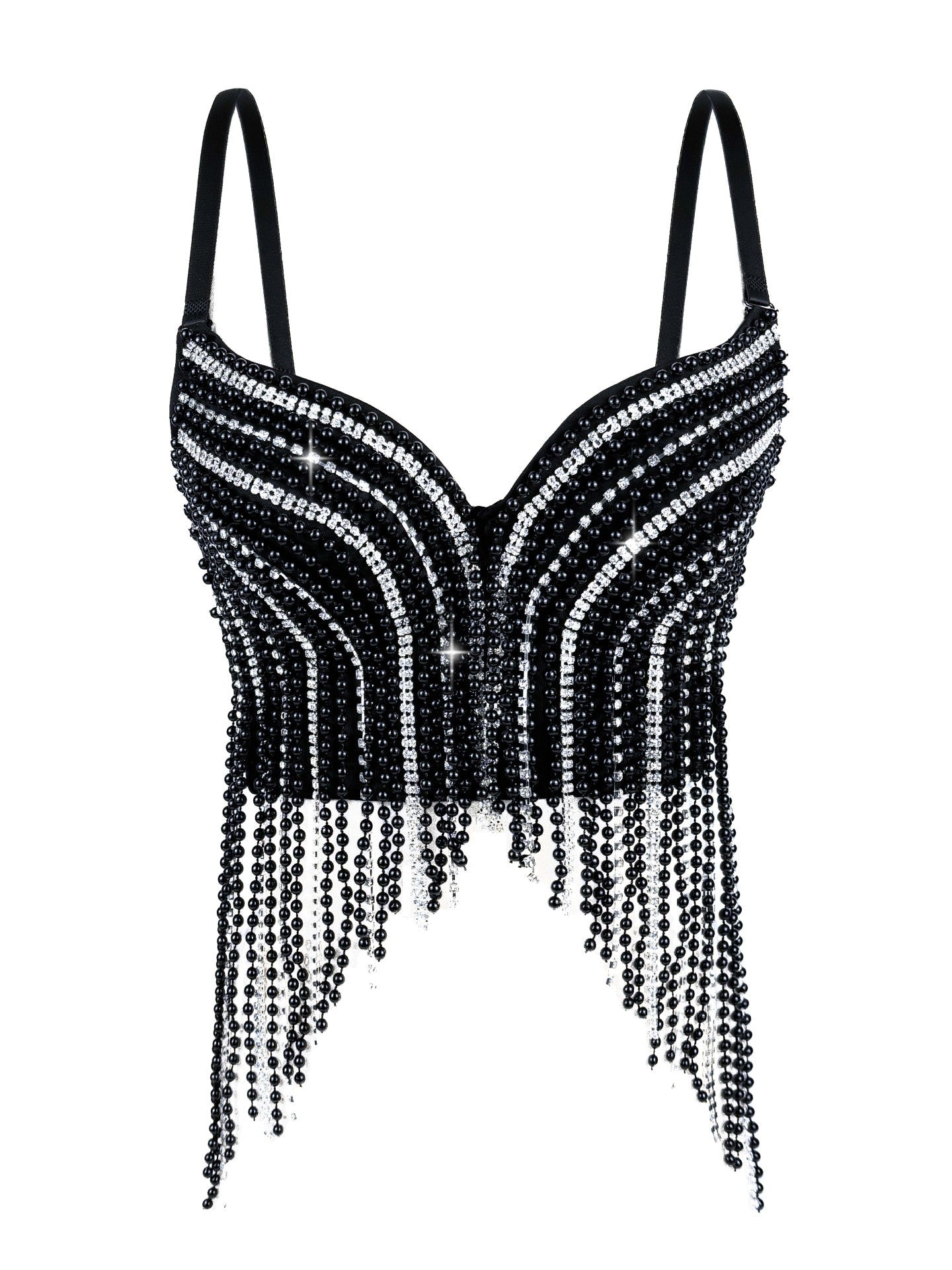 Cross-Border New Pearl Diamond Chain Tassel Suspender Top European And American Summer Sexy Pure Desire Outer Wear Stage Fishbone Bra