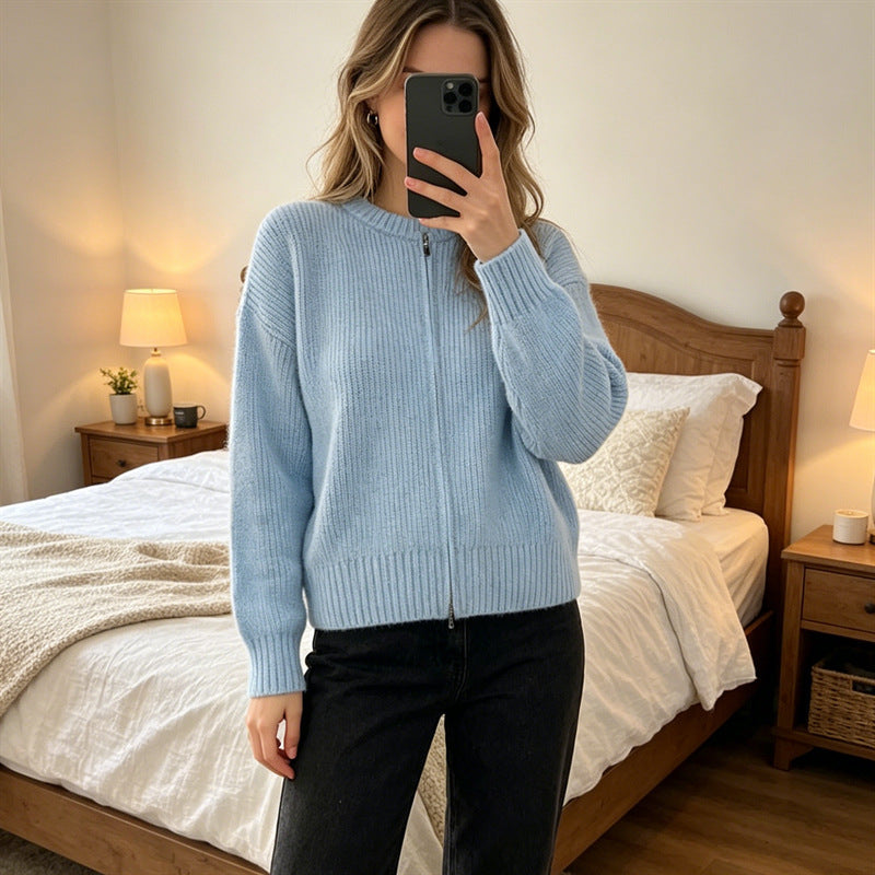 Casual Versatile Solid-color Zip-up Knit Cardigan Jacket