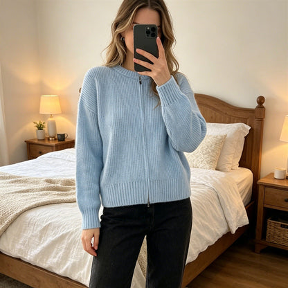 Casual Versatile Solid-color Zip-up Knit Cardigan Jacket