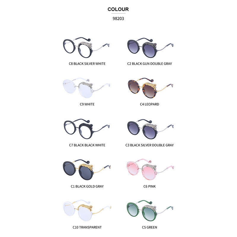 New Anti-Blue Light Glasses For Women With Leopard Head And Diamond Embellishments, European And American Style Round Frame Sunglasses, Trendy Large Frame Sun Protection Sunglasses With A High-End Fee