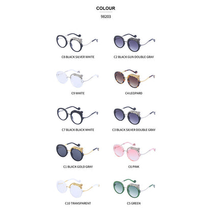 New Anti-Blue Light Glasses For Women With Leopard Head And Diamond Embellishments, European And American Style Round Frame Sunglasses, Trendy Large Frame Sun Protection Sunglasses With A High-End Fee