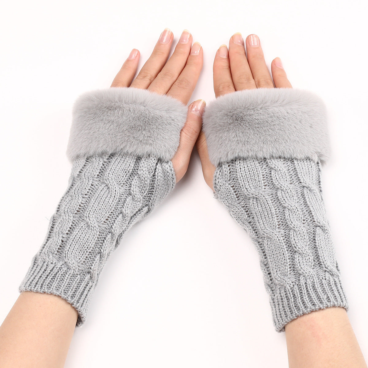 Women's Cable Knit Arm Warmers - Open End Half Finger Gloves with Wool Lining for Fall Winter Cold Weather