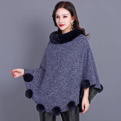 Women's Brown Mid-length Furry Ball Shawl Cape With Outerwear