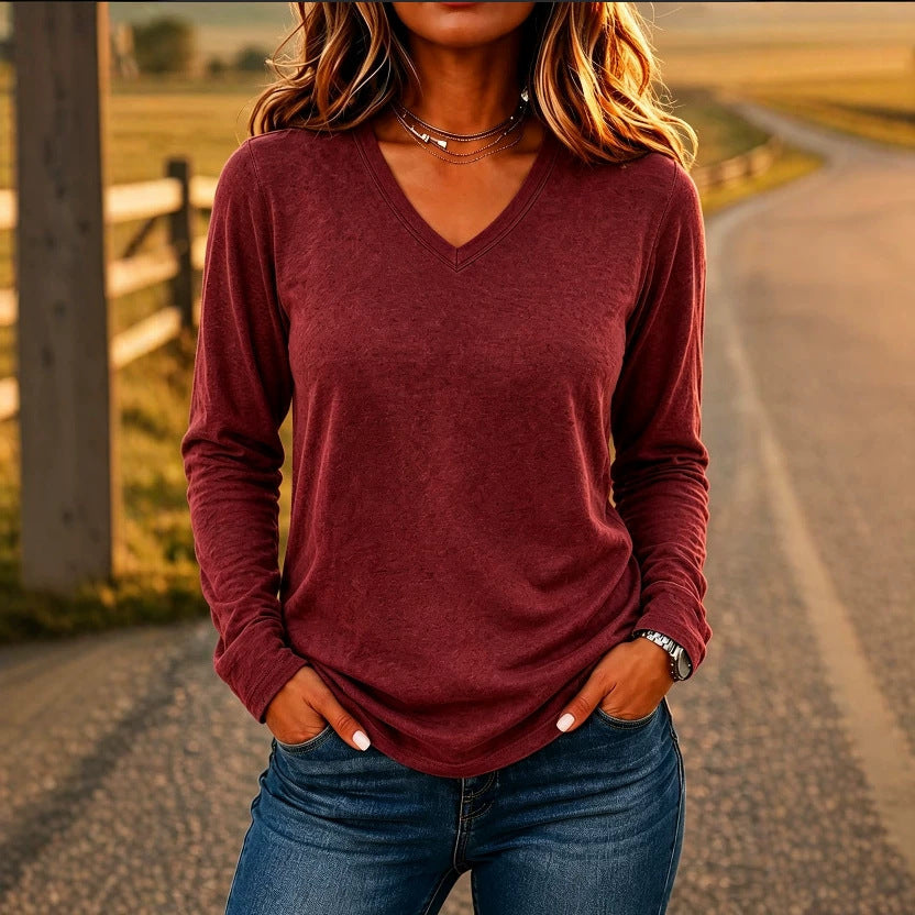 Leisure Pullover V-neck Solid Color Loose Long Sleeves T-shirt