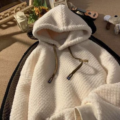 Winter Fleece-lined Extra-thick Lambswool Hooded Sweatshirt