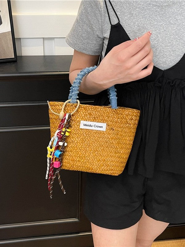Color-block Minimalist Straw Beach Bag Wicker Basket Tote