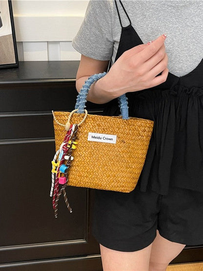 Color-block Minimalist Straw Beach Bag Wicker Basket Tote