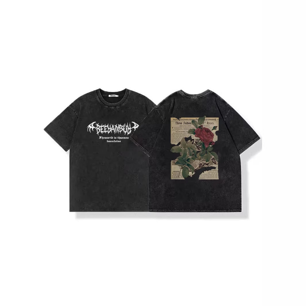 Cotton American-style Vintage Washed-and-faded Black Short-sleeve Shirt