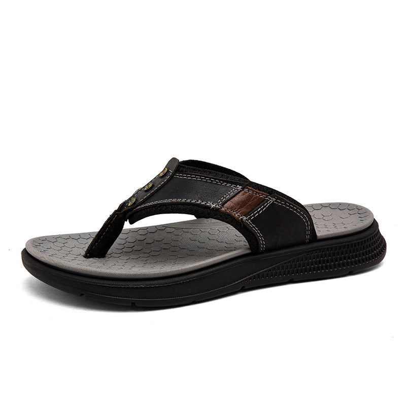 Mens Casual Breathable Full-grain Leather Slippers