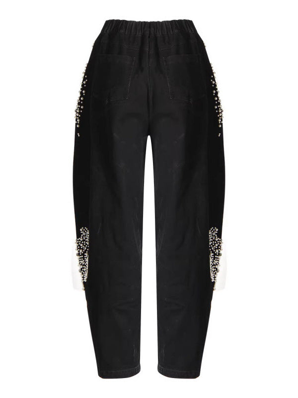 Wash Pearls Beaded High Waist Carrot Jeans