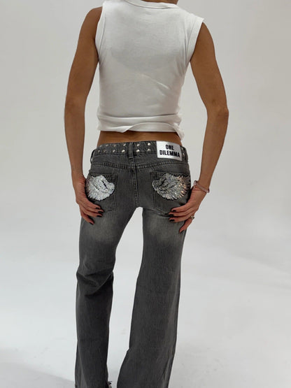 Retro Rhinestone-embellished Embroidered Wing Jeans