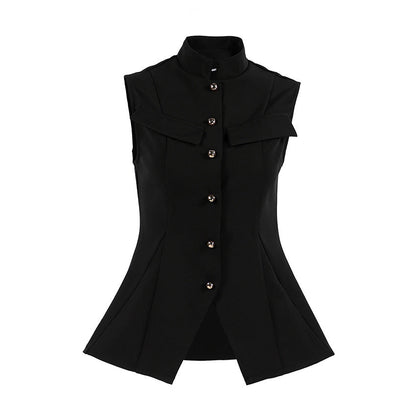 Designer-style Small Stand-up Collar Buttoned Sleeveless Vest