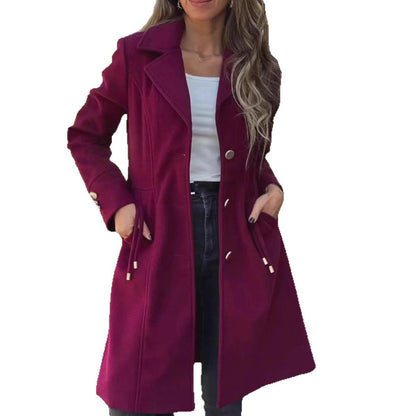 Womens Fashion Solid-color Mid-length Wool Coat With Drawstring And Pockets