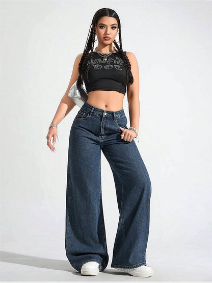 Floor-length Flared Straight-leg Denim Jeans For Women
