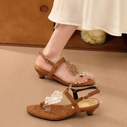 2026 French Style Metal Decor Thong Sandals For Women, Summer Stiletto Single Buckle Strap Fashion Sandals