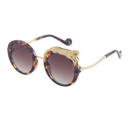 New Anti-Blue Light Glasses For Women With Leopard Head And Diamond Embellishments, European And American Style Round Frame Sunglasses, Trendy Large Frame Sun Protection Sunglasses With A High-End Fee