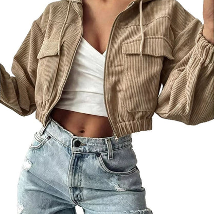 Womens Hooded Drawstring Short Jacket With Long Sleeves