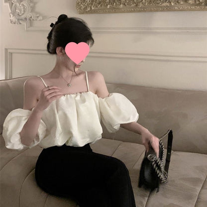 Sexy Off-shoulder Puff-sleeve Tea-length Strap Dress For Women