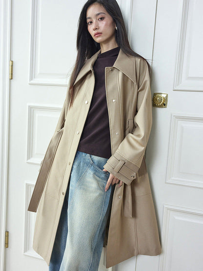Vintage High-end Leather-patchwork Mid-length Trench Coat For Women